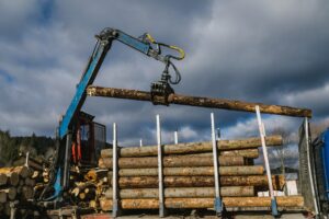 Crane loading wood into wood truck with big piles of timbers into trunk