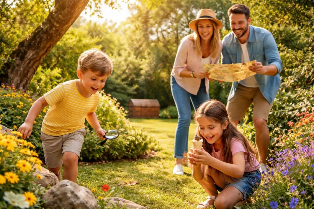 profitez d'un moment ludique en famille avec une chasse au trésor gratuite dans votre jardin, idéale pour petits et grands.