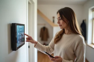 Femme activant un panneau d'alarme Verisure sur le mur de son entrée avec son smartphone à la main