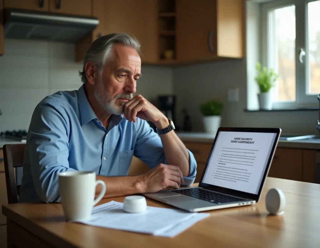 Homme analysant un contrat d'alarme Verisure sur son ordinateur portable dans une cuisine moderne