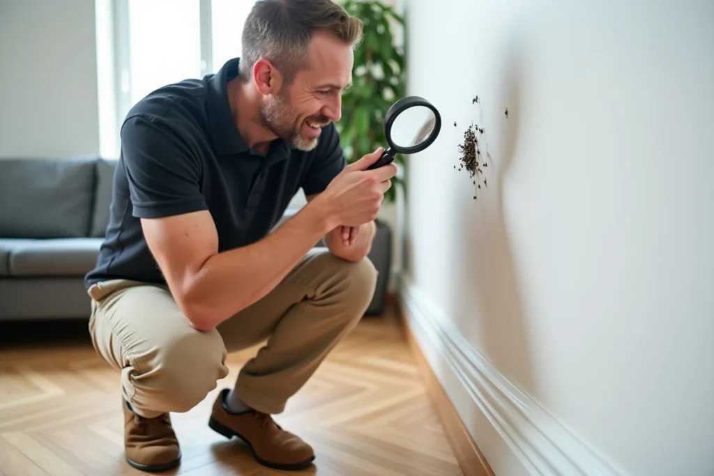 Expert en désinsectisation inspectant de petits insectes noirs ronds près d'une plinthe dans un salon moderne