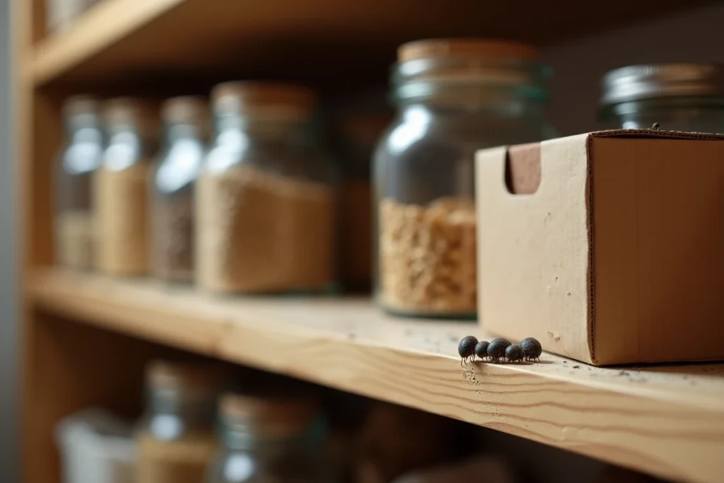 Petits insectes noirs ronds sur une étagère de garde-manger à côté de boîtes de céréales et de conserves