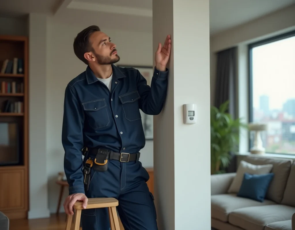 Technicien Verisure en uniforme installant un détecteur de mouvement sans fil dans un salon moderne