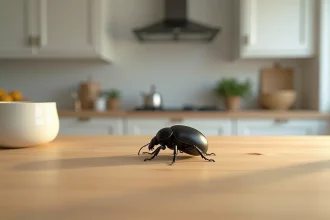 Petit insecte noir rond sur un plan de travail en bois dans une cuisine, vue macro rapprochée