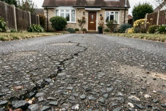 Revêtement de chemin en mâchefer compacté devant une maison de banlieue, montrant la texture granuleuse sombre et les fissures de surface typiques de ce matériau