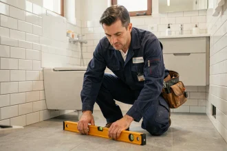Artisan carreleur professionnel inspectant le sol d'une salle de bain rénovée à Nantes
