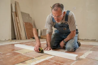 Artisan mesurant une plinthe en MDF sur un ancien carrelage céramique lors d'une rénovation de cuisine