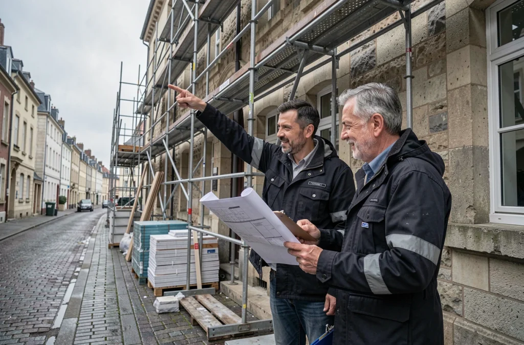 Deux artisans professionnels étudiant les plans de rénovation d'une façade à Nantes