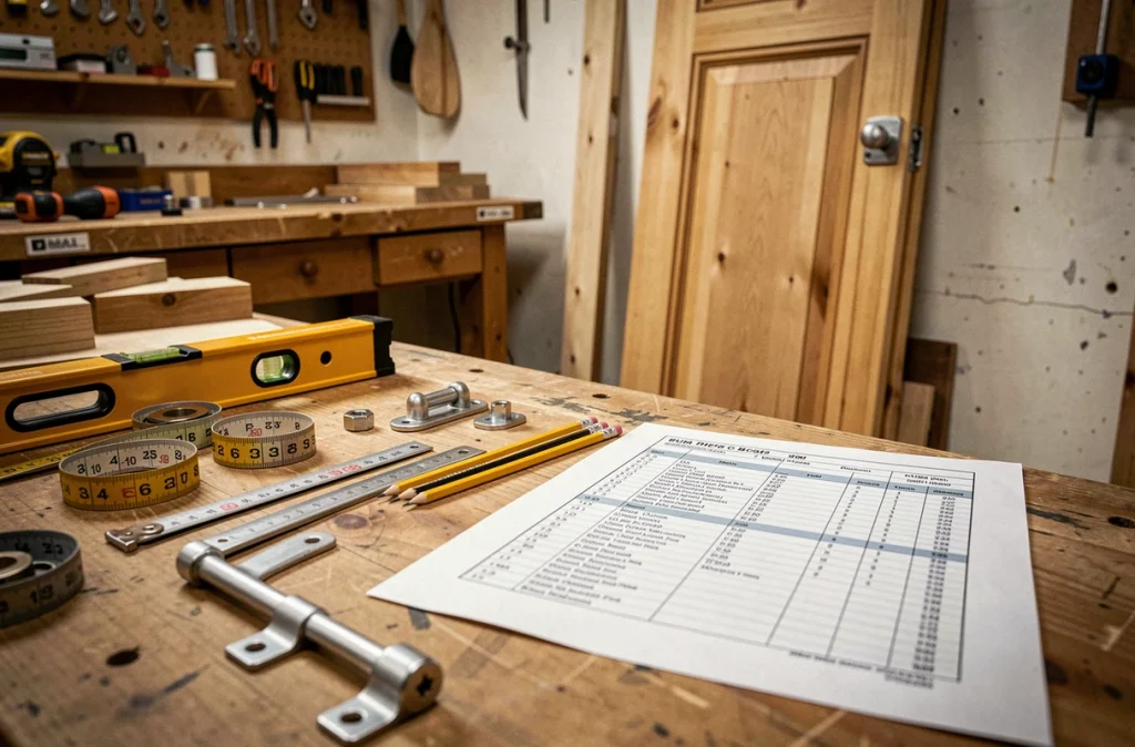 Table d'atelier avec devis de pose de porte sur mesure, outils et échantillons de quincaillerie