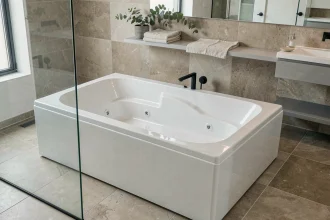 Baignoire balnéo rectangulaire 2 places en acrylique blanc dans une salle de bain moderne avec carrelage grès cérame et robinetterie noire mate