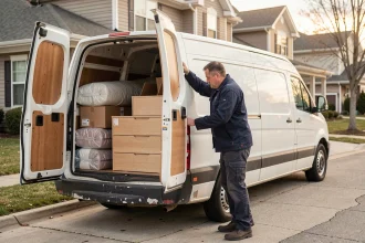 Homme chargeant un meuble dans un grand van de déménagement blanc devant une maison