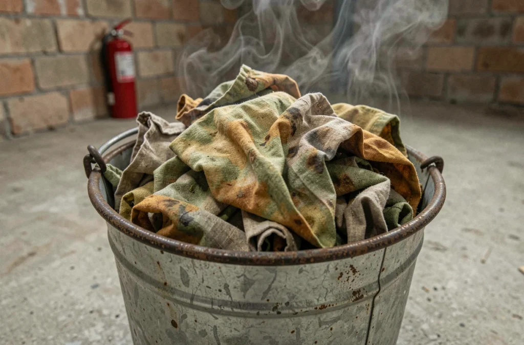 Chiffons imbibés d'huile de lin froissés dans un seau métallique ouvert dans une réserve industrielle, illustrant les risques d'auto-inflammation