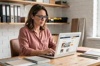 Femme commandant des matériaux de construction en ligne sur un site e-commerce depuis son bureau à domicile