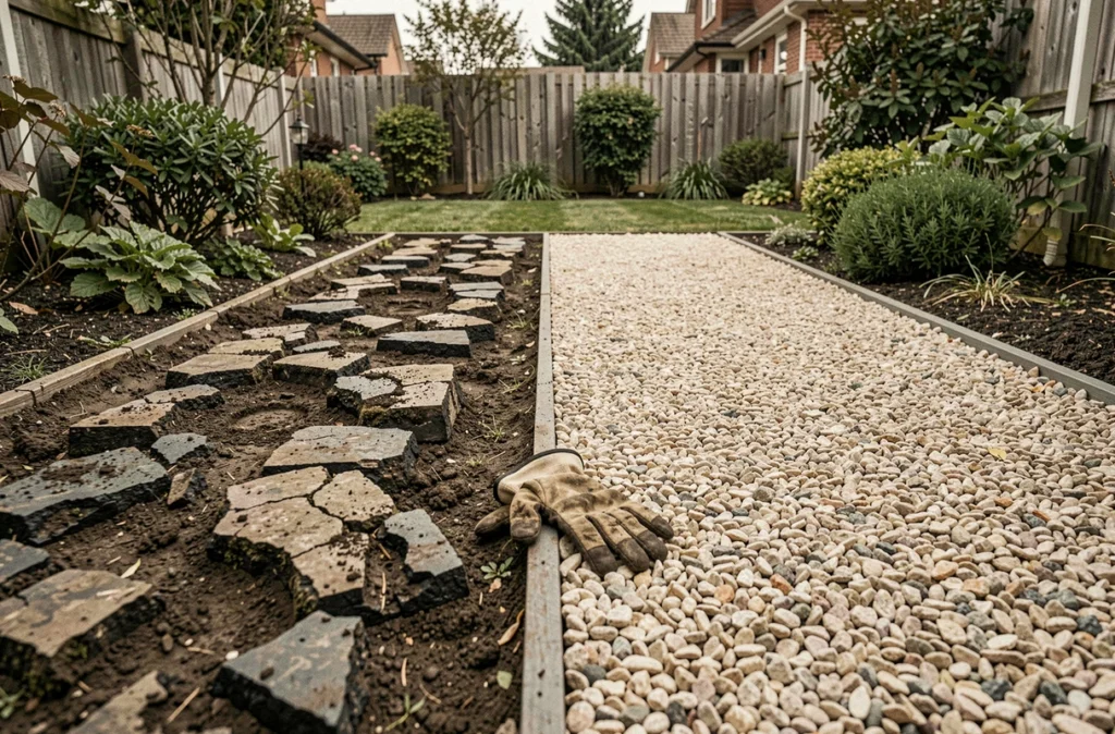 Comparaison entre un ancien revêtement en mâchefer dégradé et un nouveau revêtement en graviers dans un jardin, illustrant la décision de conserver ou remplacer ce type d'aménagement