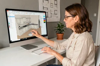Femme utilisant le logiciel de conception de cuisine Kozikaza Leroy Merlin sur un ordinateur de bureau à domicile