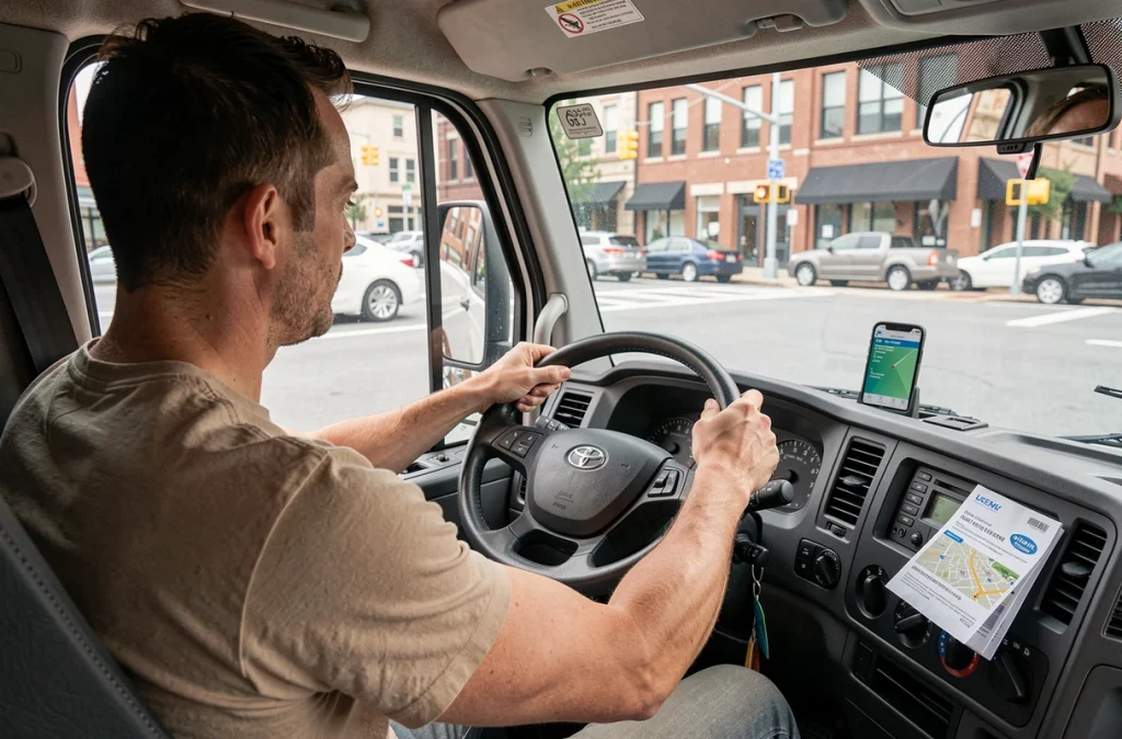 Conducteur au volant d'un camion de location en ville avec GPS et contrat de location visibles