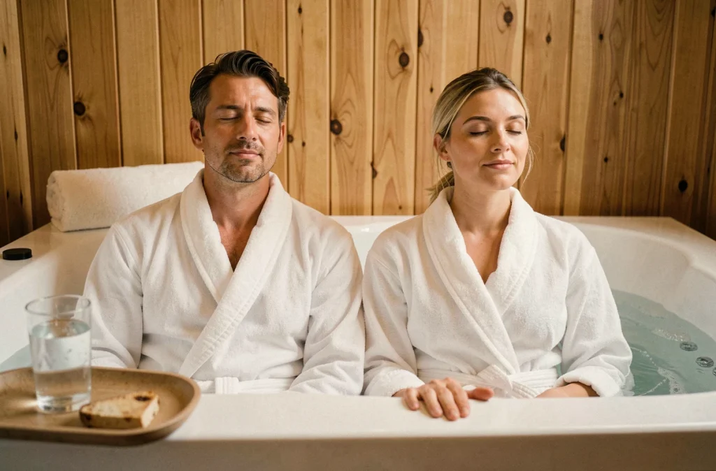 Couple se relaxant dans une baignoire balnéo 2 places avec jets, atmosphère spa cocooning à domicile