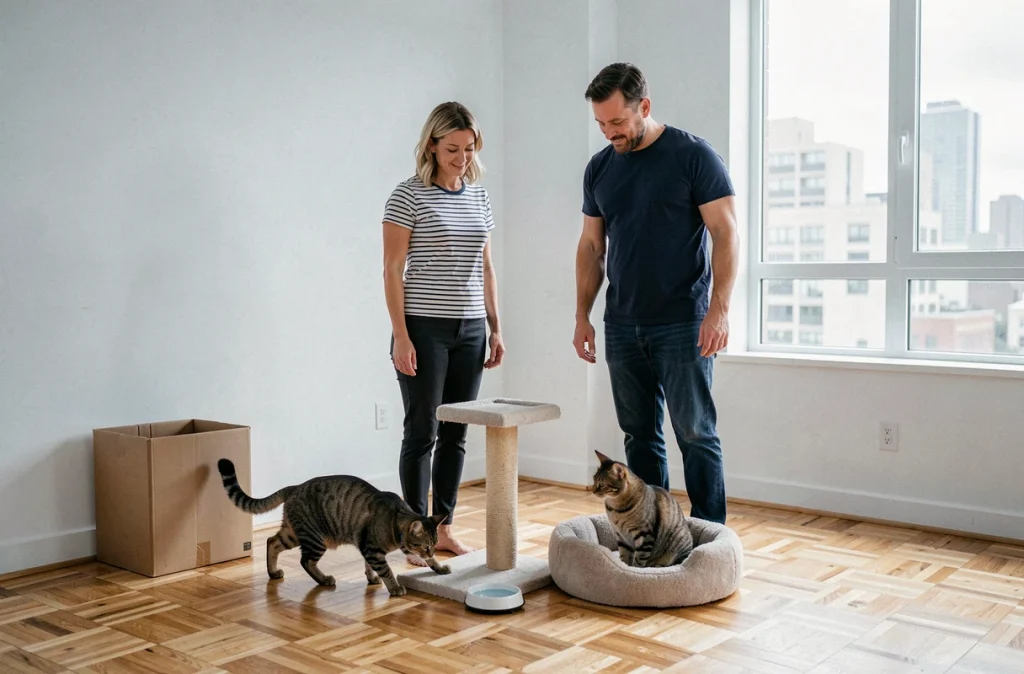 Couple installant un espace confortable pour leurs deux chats dans un appartement vide lors de leur emménagement