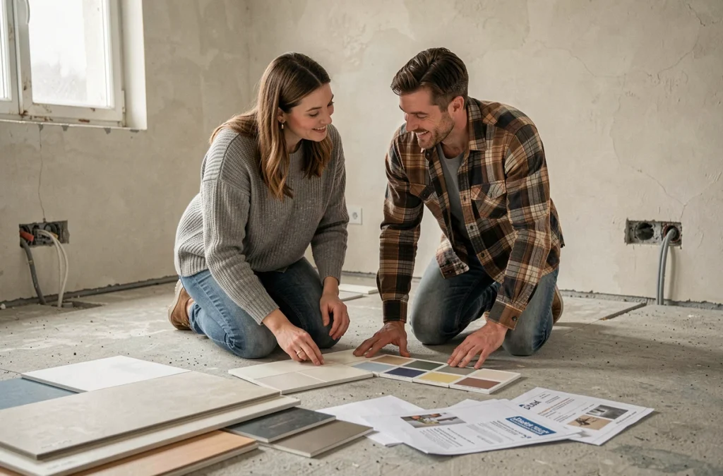 Couple choisissant des matériaux de rénovation parmi des échantillons commandés en ligne pour leur projet de maison