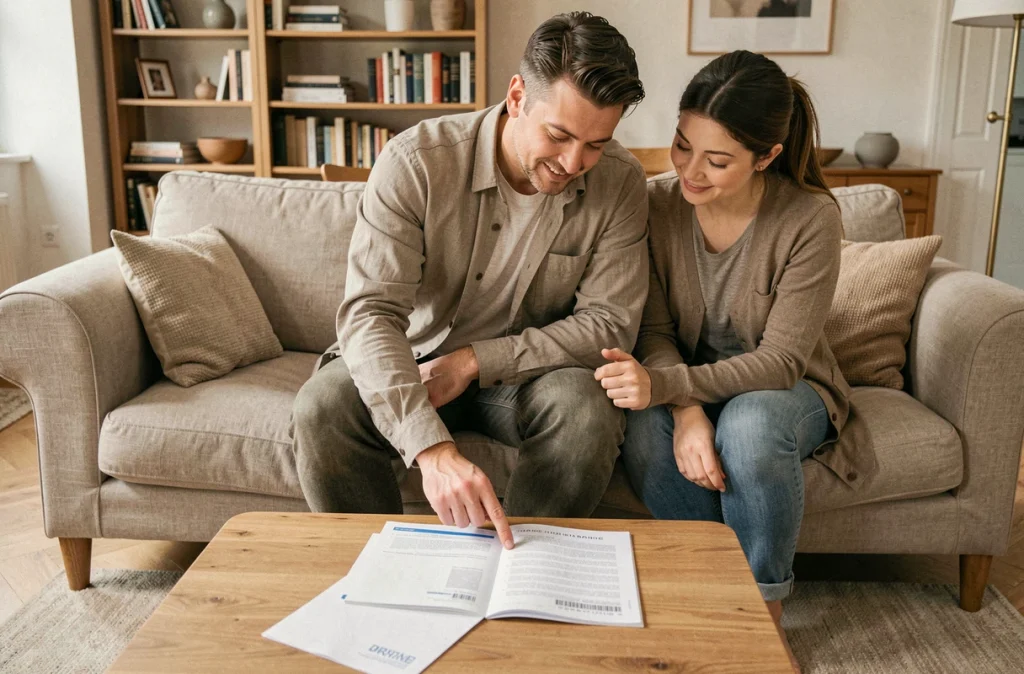 Couple examinant ensemble leur contrat d'assurance habitation Macif dans leur salon