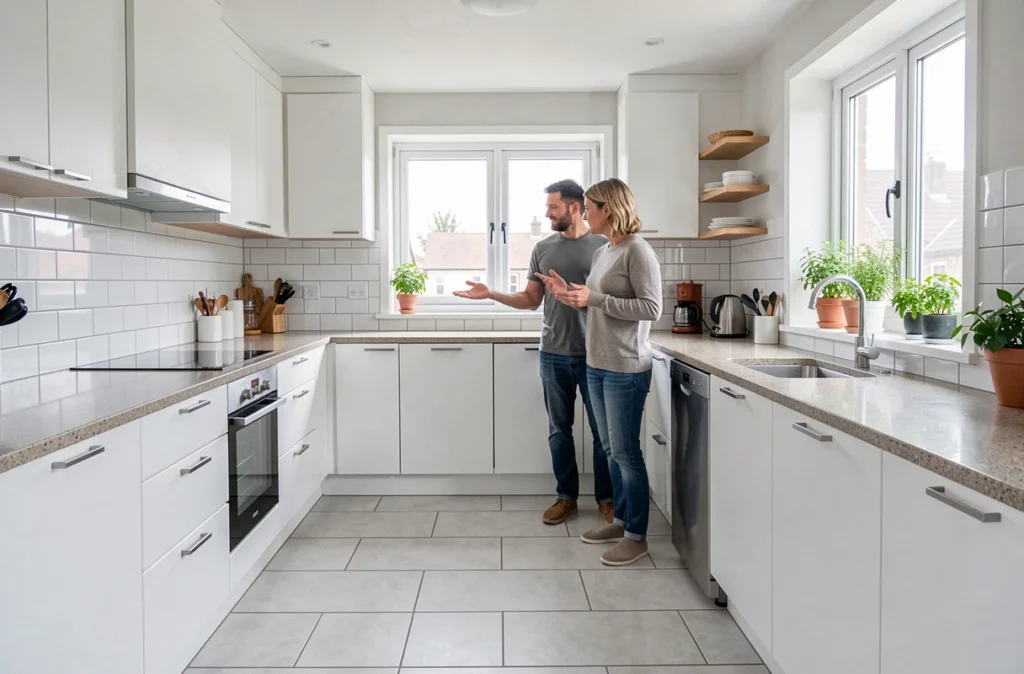 Couple admirant leur cuisine fraîchement rénovée et modernisée dans leur maison