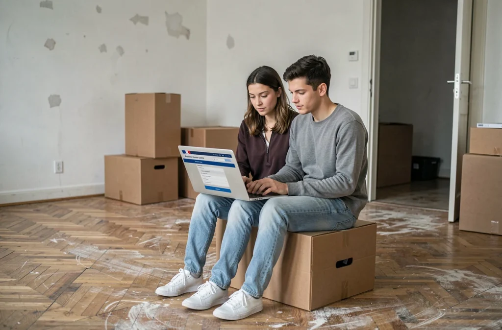 Couple effectuant leurs démarches administratives de changement d'adresse en ligne depuis un appartement vide lors d'un déménagement