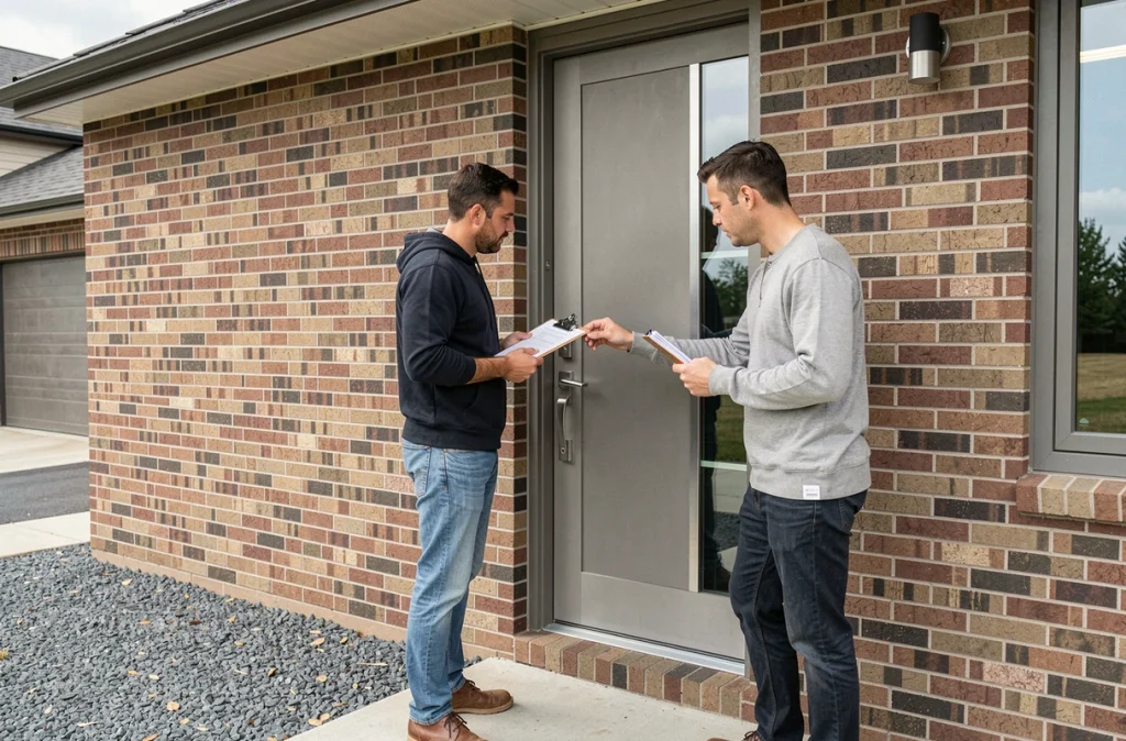 Couple inspectant leur nouvelle porte d'entrée sur mesure installée sur façade de maison moderne