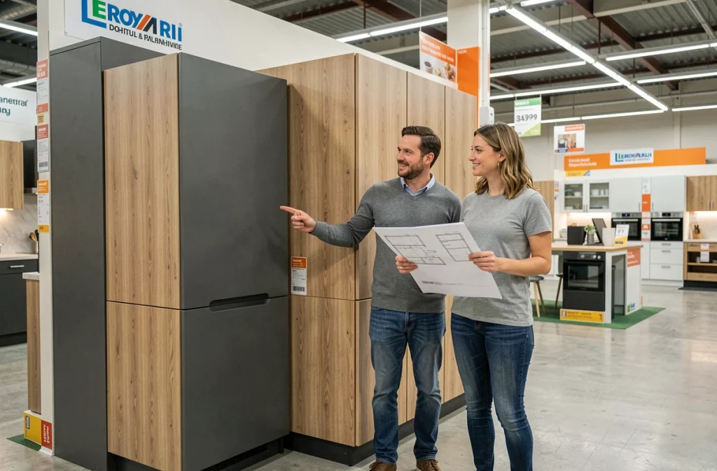 Couple en train d'examiner un plan de cuisine imprimé devant un showroom de cuisines Leroy Merlin