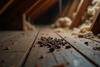 Crottes de fouine sur le plancher d'un grenier en bois, signe d'infestation silencieuse dans une maison