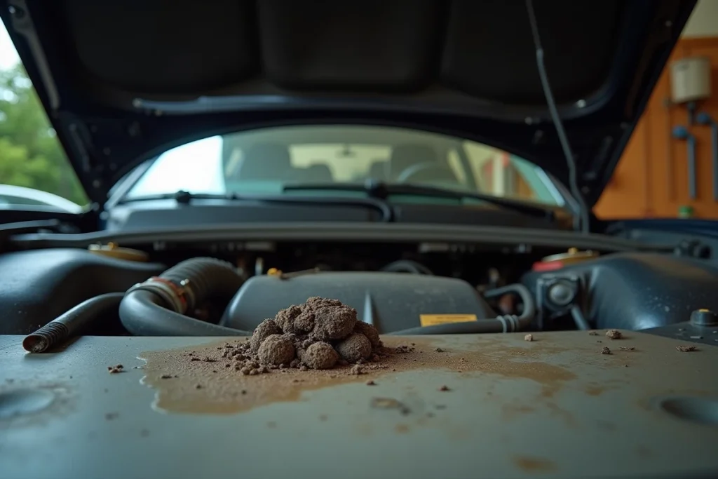 Dégâts de fouine sous le capot d'une voiture avec des crottes et des câbles mâchés dans un garage résidentiel