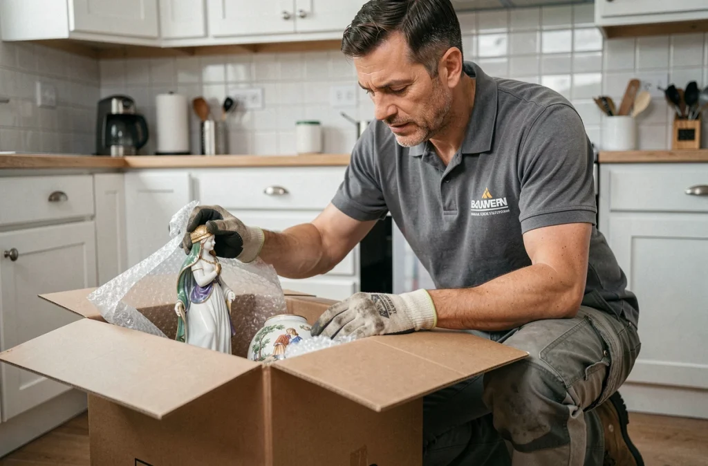 Un déménageur professionnel emballant des objets en porcelaine et en verre dans une cuisine avec du matériel de protection adapté