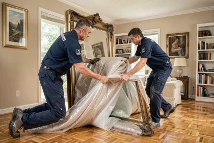 Deux déménageurs professionnels emballant soigneusement un miroir fragile avec des couvertures de protection dans un salon
