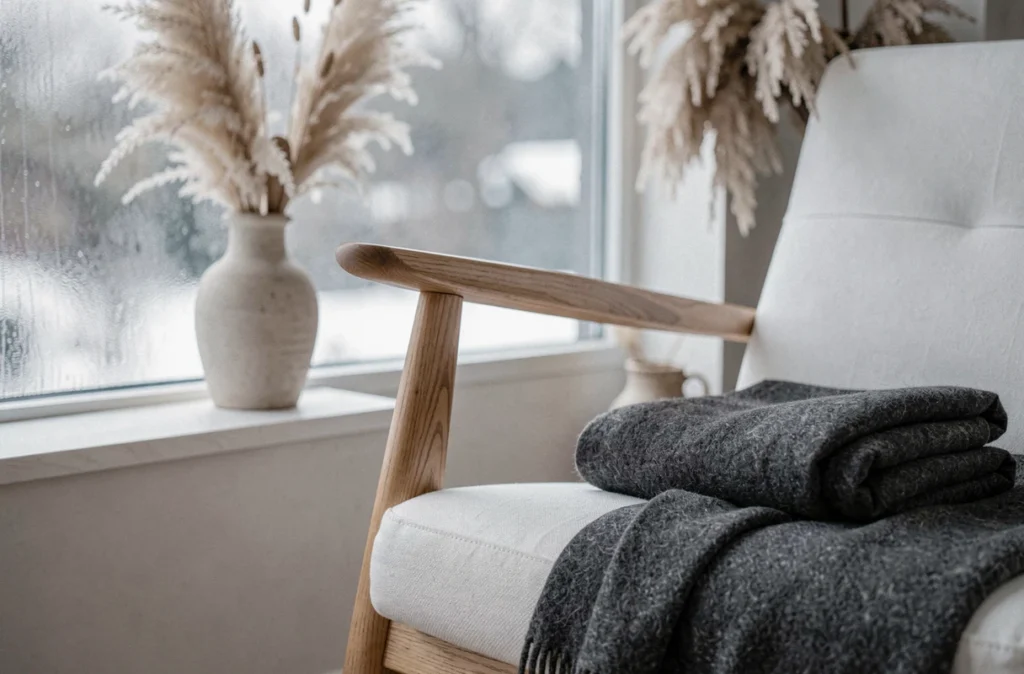 Gros plan sur une housse extensible blanche sur fauteuil en bois scandinave près d'une fenêtre avec herbes de la pampa séchées et plaid en laine