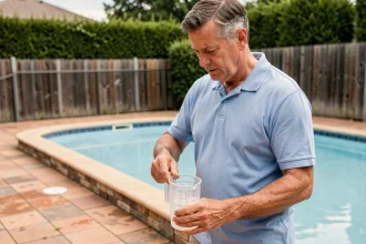 Homme dosant la javel pour traiter une piscine avec liner bleu en mesurant la quantité dans un verre gradué