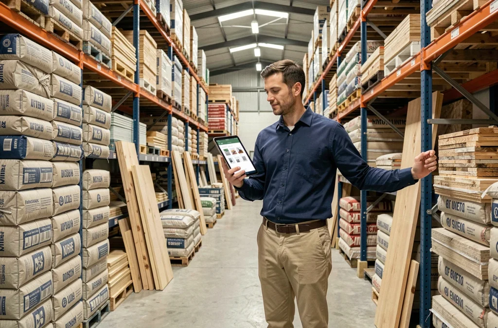 Homme consultant un catalogue de matériaux de construction sur tablette dans un entrepôt de fournitures