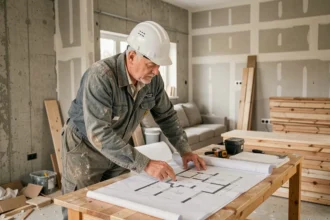 Entrepreneur en rénovation étudiant des plans architecturaux dans une maison en cours d'agrandissement