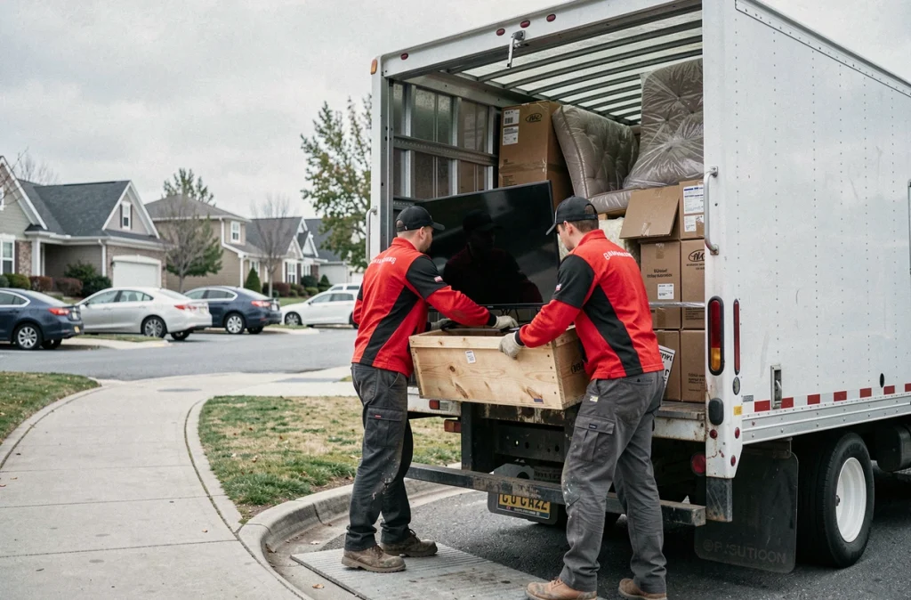 Équipe de déménageurs professionnels chargeant des biens emballés et sécurisés dans un camion de déménagement devant une maison