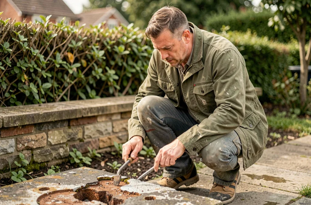Professionnel du bâtiment inspectant un aménagement en mâchefer dégradé dans un jardin résidentiel, évaluant son état pour une décision de conservation ou remplacement