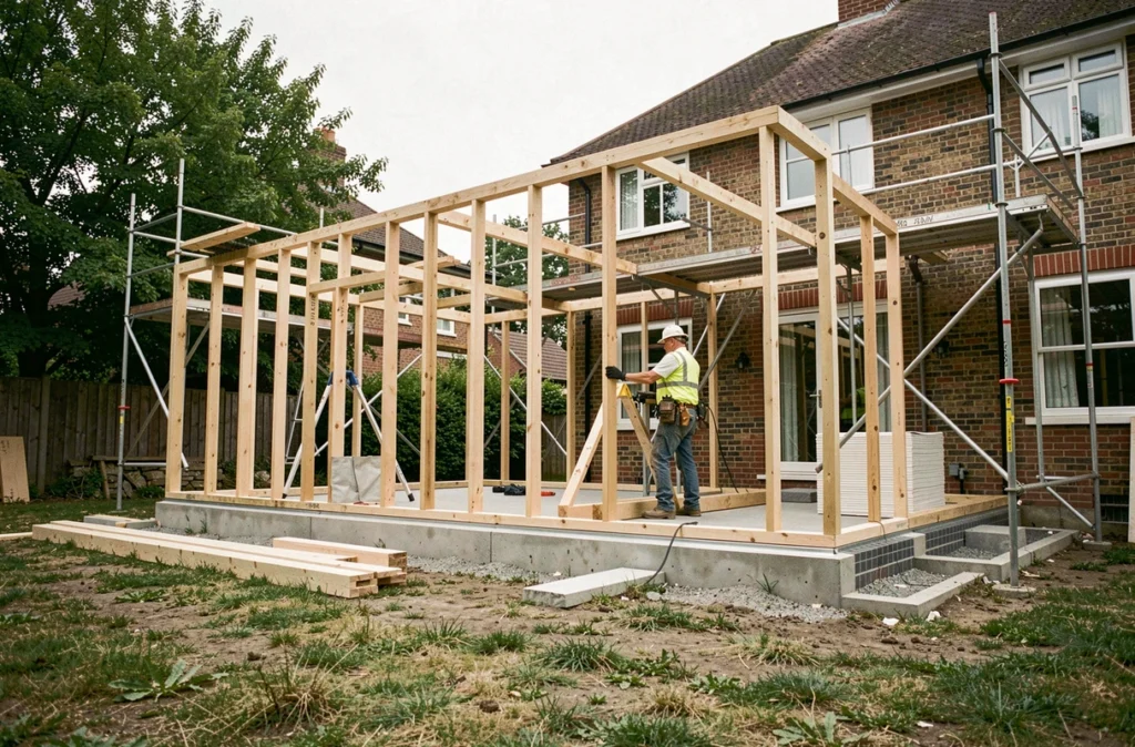 Extension de maison en construction avec charpente en bois et échafaudages dans un jardin suburban