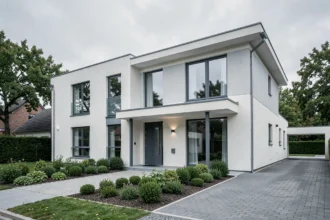 Façade extérieure d'une maison kléa Nord moderne aux lignes épurées avec jardin paysager et grande baie vitrée