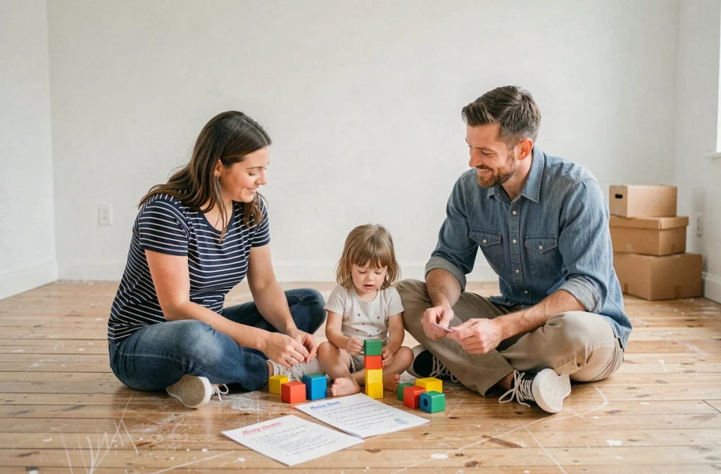 Famille détendue assise sur le parquet d'un appartement vide avec une liste de déménagement