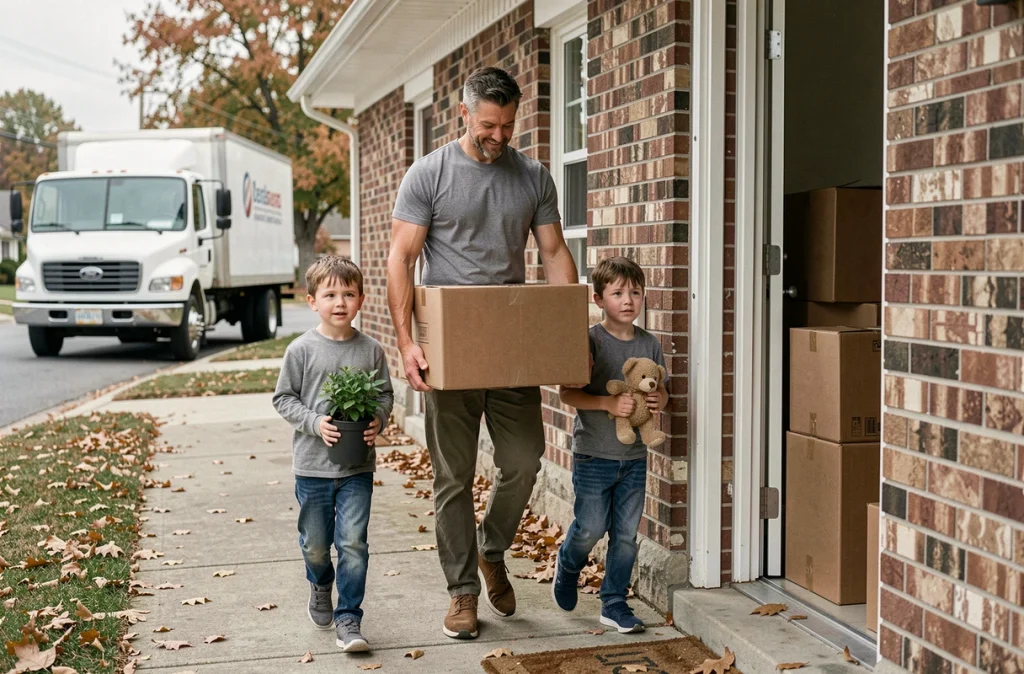 Père et deux enfants portant des affaires lors d'un déménagement devant une maison de banlieue