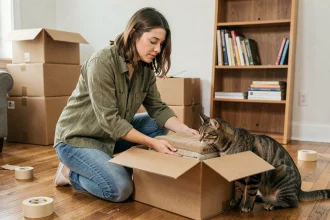 Femme qui prépare un carton de déménagement avec son chat curieux à côté d'elle dans un salon en cours de démontage