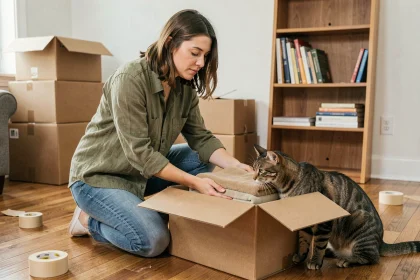 Femme qui prépare un carton de déménagement avec son chat curieux à côté d'elle dans un salon en cours de démontage
