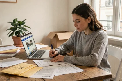 Femme remplissant un formulaire de changement d'adresse sur une table en bois avec des documents administratifs et un ordinateur portable