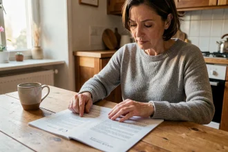 Femme lisant attentivement son contrat d'assurance habitation Macif à table dans un appartement