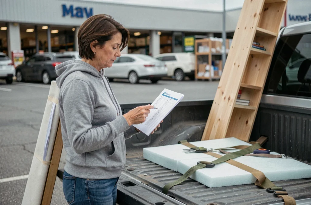 Femme consultant une liste de contrôle pour choisir son véhicule utilitaire pour déménager des meubles