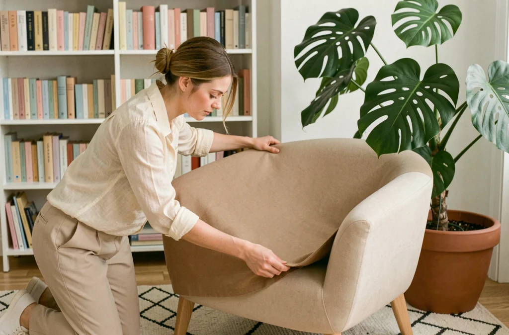 Femme installant une housse extensible sable sur un fauteuil de style nordique dans un intérieur cosy avec plante verte et tapis géométrique