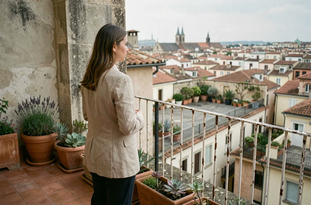 Jeune femme contemplant le panorama urbain depuis une terrasse rooftop au style européen avec jardinières et carrelage en terre cuite