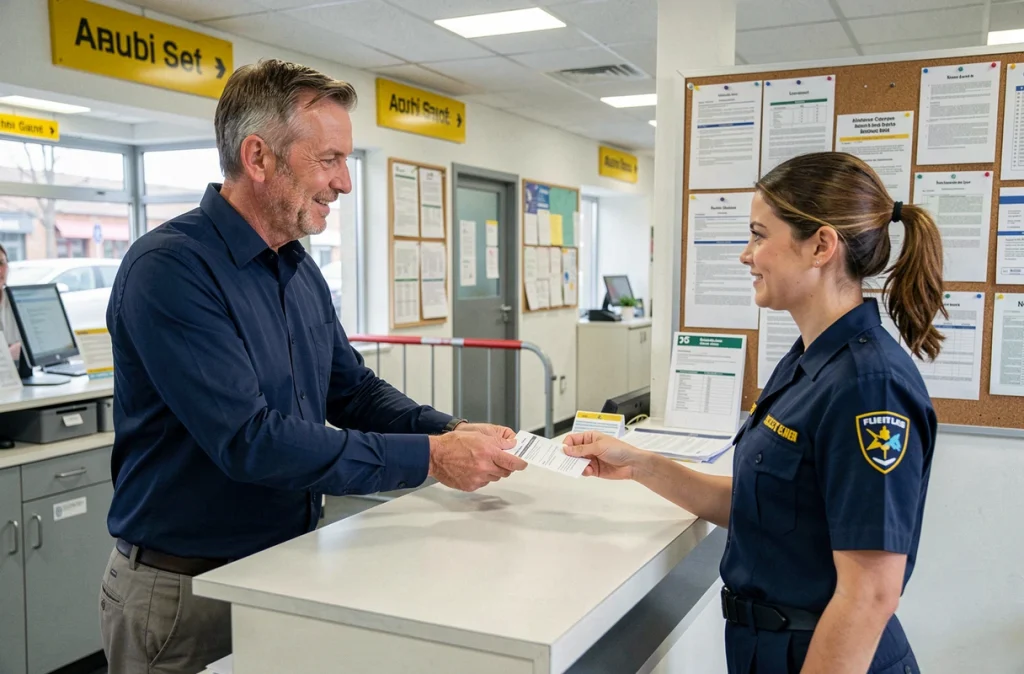 Homme déposant un formulaire de changement d'adresse au guichet d'un bureau de poste en France